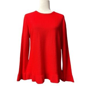 J McLaughlin Red 100% Cashmere Crew Neck Sweater Ruffle Hem Size L Quiet Luxury